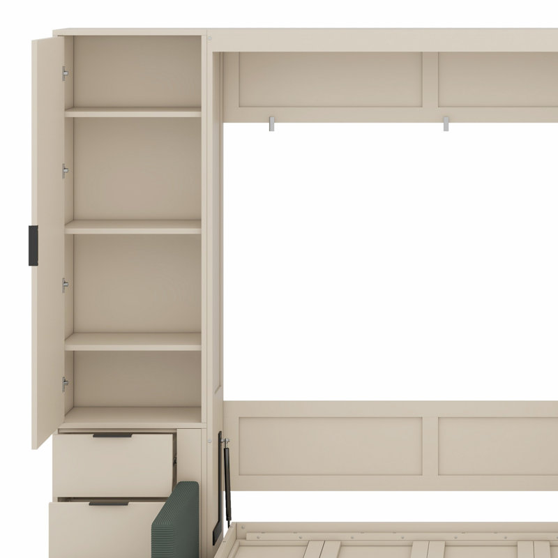 Lit escamotable avec rangement hydraulique, canapé, tablettes et tiroirs, éclairage DEL / USB, Beige
