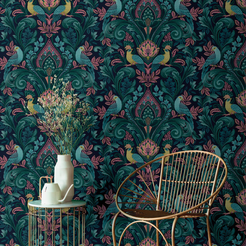 Arcadia Collection Damask Bird Medallion Wallpaper Roll, Blue/Yellow