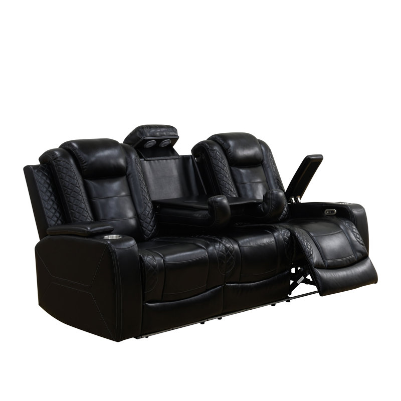 Ensemble de canapé de salon inclinable en cuir végétalien foncé 3 pièces avec porte-gobelets, charge sans fil et lumières DEL Solace