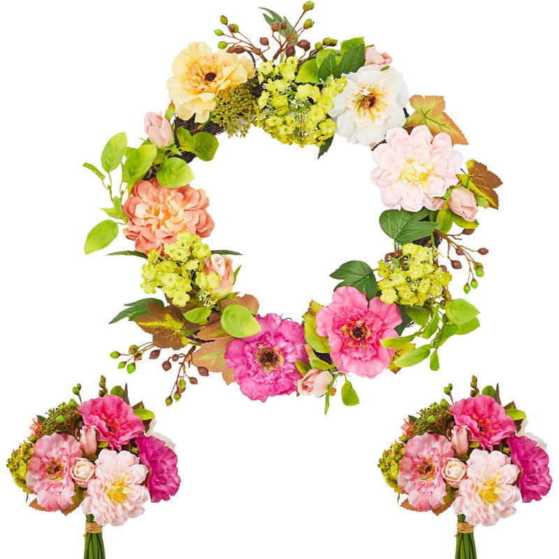 Couronne de printemps 22 po, couronne de pivoines avec 2 bouquets d'hortensias, 5 po x 22 po