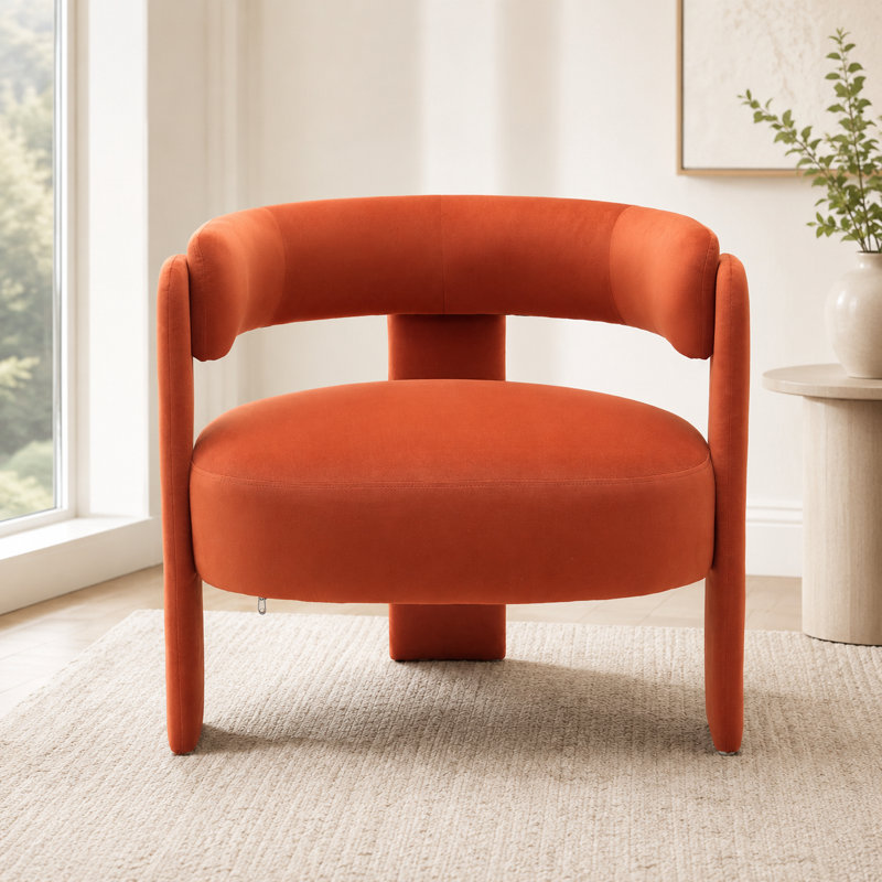 Fauteuil orange moderne en velours Mid-Century avec pieds en bois pour le salon, la chambre, le bureau, la lecture