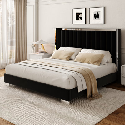 Velvet Upholstered Platform Bed Frame with 58" Tall Headboard