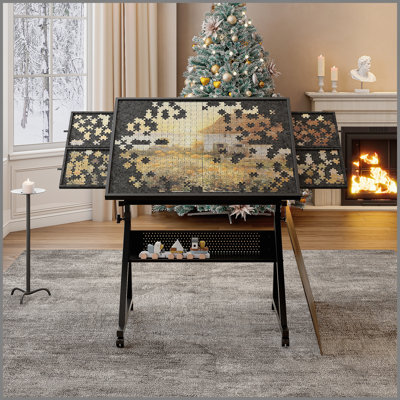 Adjustable Height and Angle Jigsaw Puzzle Table with Storage Trays, Wooden Cover, and Wheels for Adults