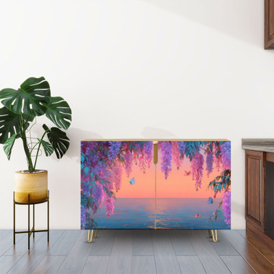 Buffet Buffet avec rangement Vibrant Sunset par Ocean Butterflies Blossoms avec 2 portes pour le salon et la cuisine