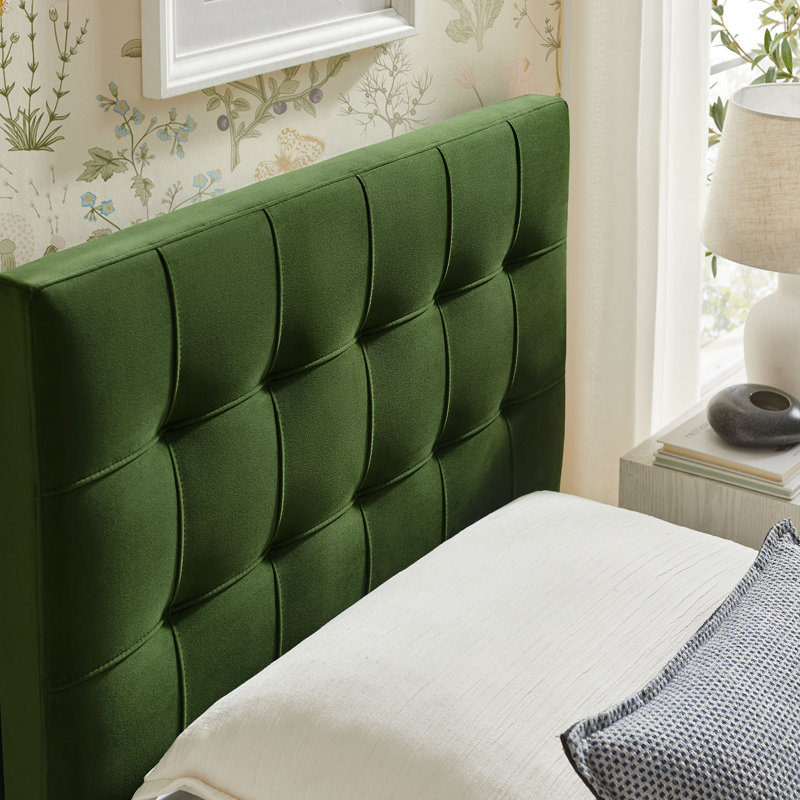 Tête de lit simple en velours résistant aux taches Peyton, Vert mousse, Lit simple
