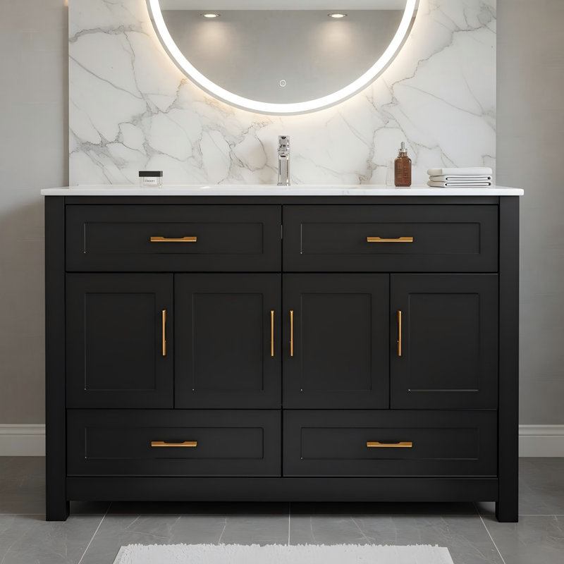 Meuble-lavabo 48 po avec lavabo en céramique - Armoire de rangement à fermeture en douceur pour salle de bain moderne, Noir