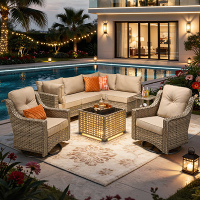 Sorella 7-Piece Modular Outdoor Rattan Seating Set With Cushions, Swivel & Rocking Chairs, Outdoor Table With Integrated Lighting For Patio Or Backyard