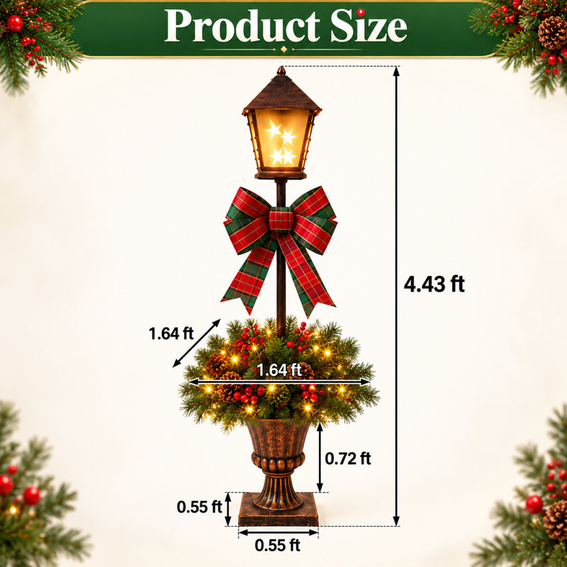Ensemble de 2 lampadaires de Noël pré-éclairés avec des pommes de pin et des baies rouges