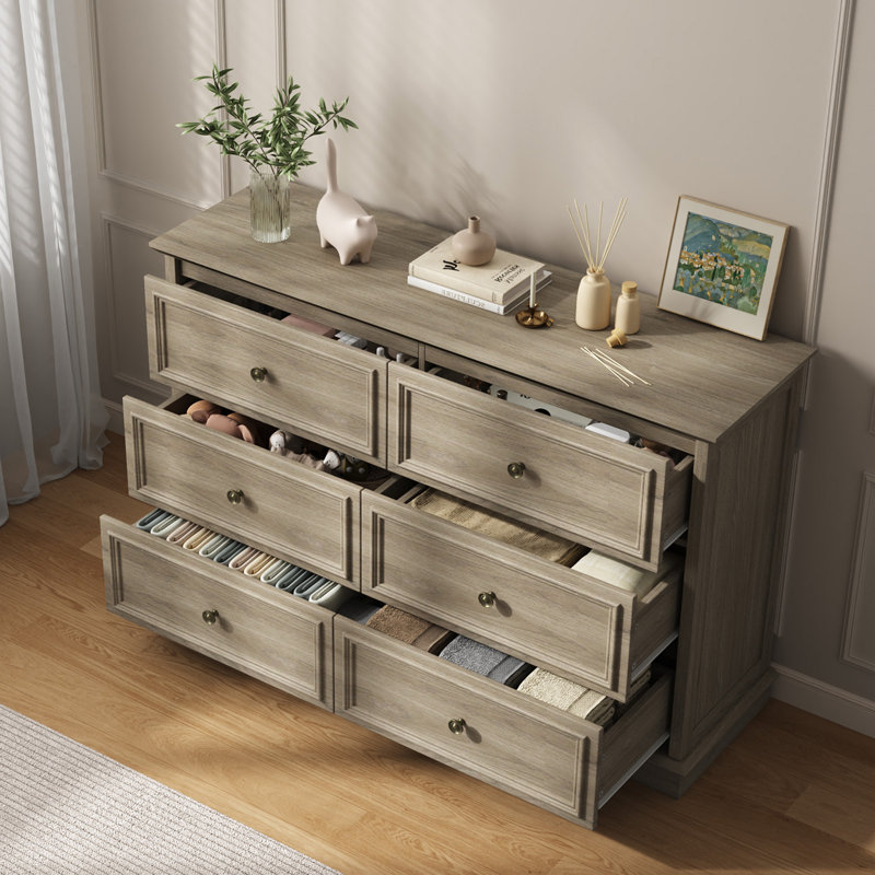 Commode double 6 tiroirs l 47,2 po Valera, Chêne gris