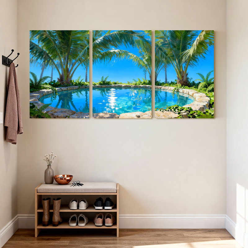 Palmiers, piscine tropicale, palmiers, reflet du ciel, jardin d'eau, ensemble de 3 impressions sur toile, H 30 po x l 60 po