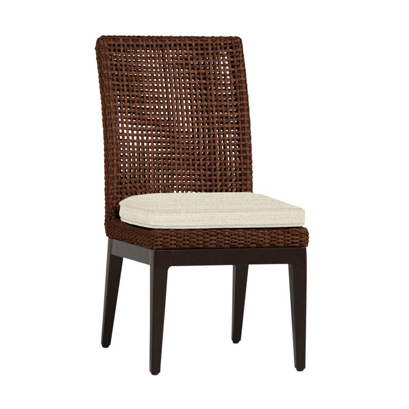 Peninsula Patio Dining Side Chair with Cushions, Mahogany/Chestnut, Welt, Linen Chambray