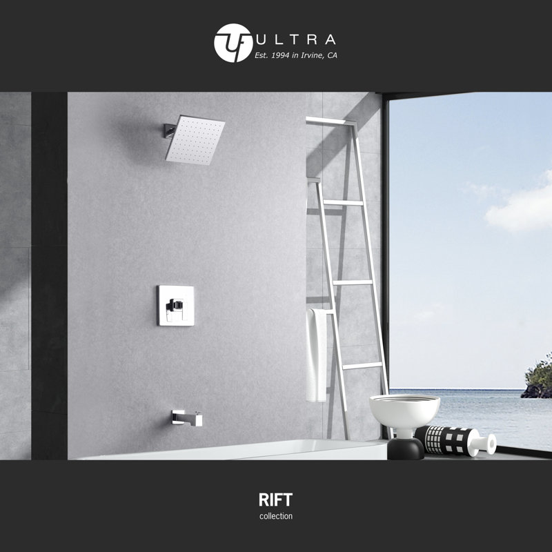 Rift Collection Shower System: 8" Square Rain Shower Head, Tub Spout, & Rough-in Valve Included - Chrome Polished