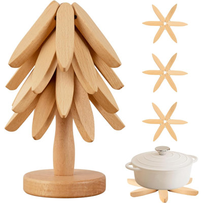 Wooden Trivets For Hot Dishes, Hot Dish Coaster With Tree-Shaped Wood Collapsible Hot Pad Trivet Tree For Restaurant, 4 Wooden Trivet + 1 Stand（Beech Wood）