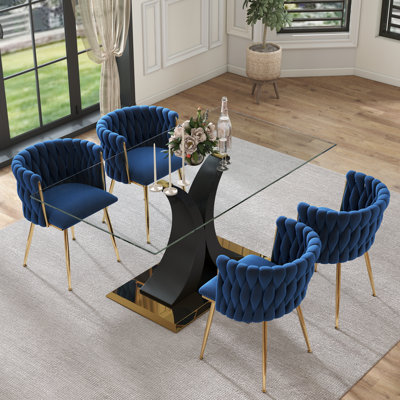 Modern Luxtury Rectangle Dining Table Set, Tempered Glass Dining Table with Velvet Dining Chair for Dining Room