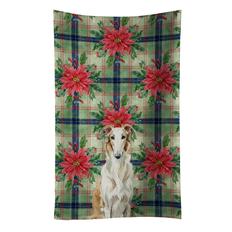 Borzoi Christmas PoinsettIas Kitchen Towel, White/Tan Borzoi