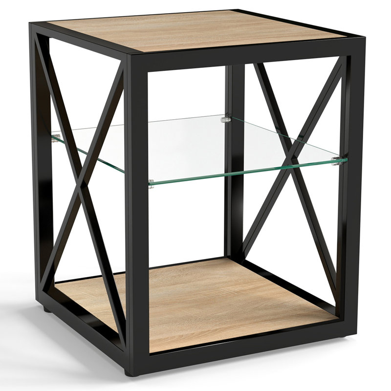 Ensemble de 2 tables de chevet de style industriel moderne, plateau en bois trempé et bois aggloméré | Idée de cadeau, 2