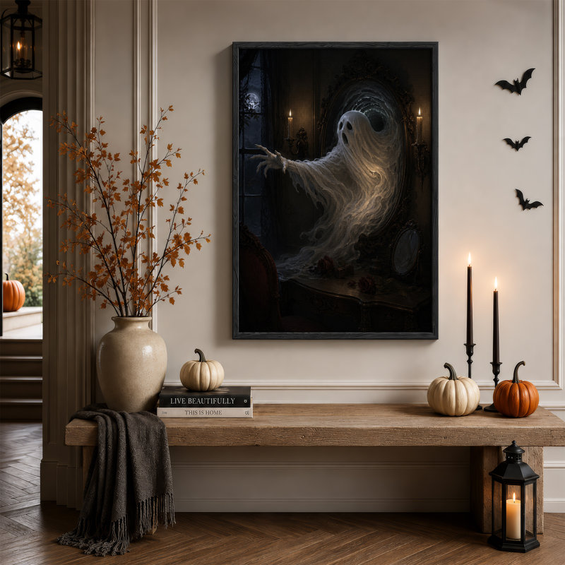 Fantôme émergeant d'un miroir orné dans une pièce sombre - Toile murale d'Halloween, H 48 po x l 36 po