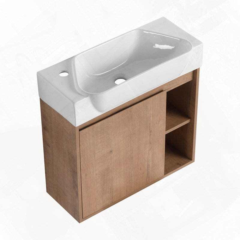 Wall-Mounted Bathroom Vanity With Ceramic Sink Soft-Close Door, Imitative Oak, 24"