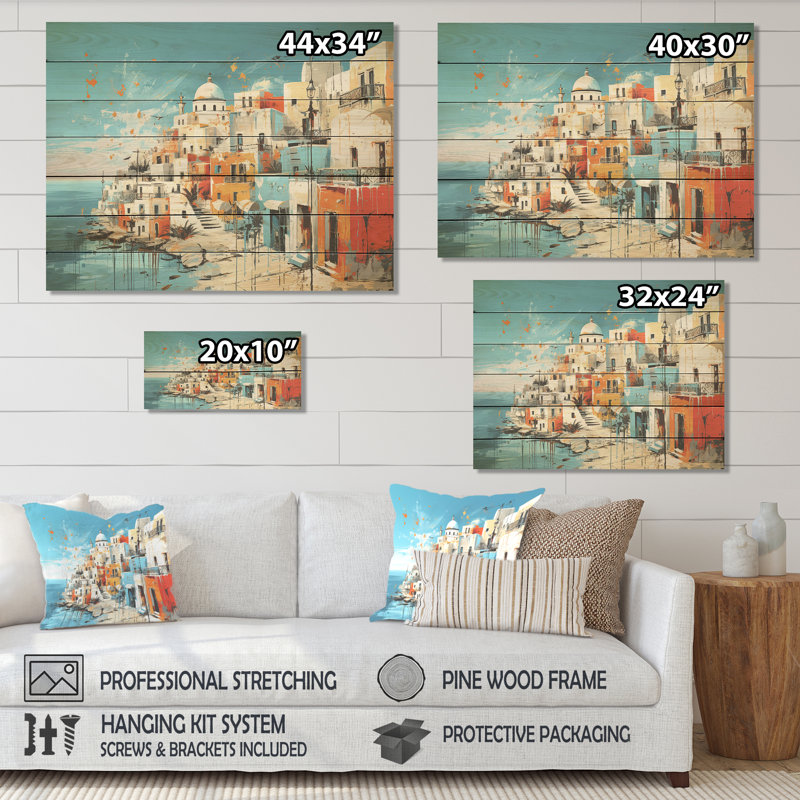 Santorin coloré en Grèce II - Santorin sur bois, H 24 po x l 32 po x P 0,78 po