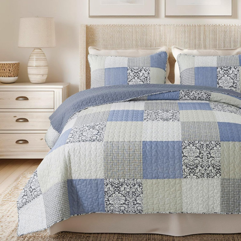 Ensemble de courtepointe Sweet Dreams, Courtepointe très grand + 2 taies d'oreiller, Bleu / blanc