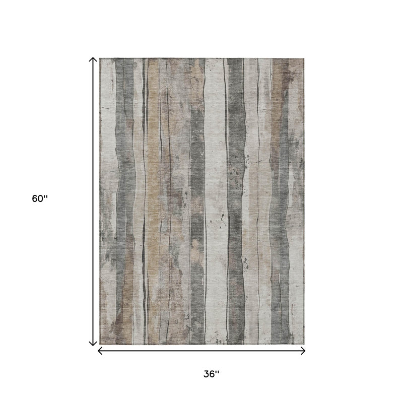 3' X 5' Beige And Gray Striped Washable Indoor Outdoor Area Rug