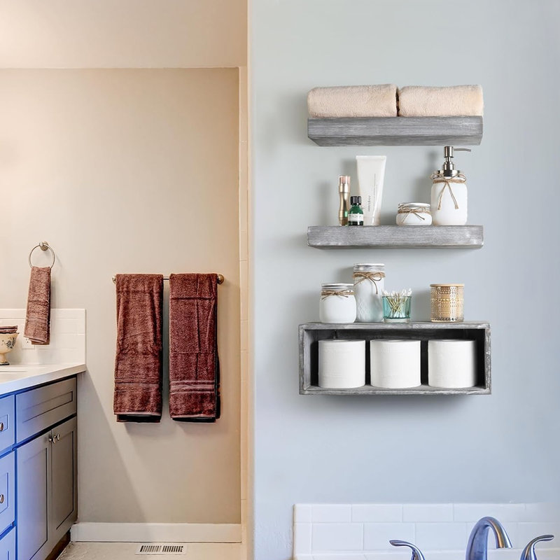 Ensemble de 3 tablettes flottantes Farmhouse - Support mural en bois massif avec porte-papier hygiénique