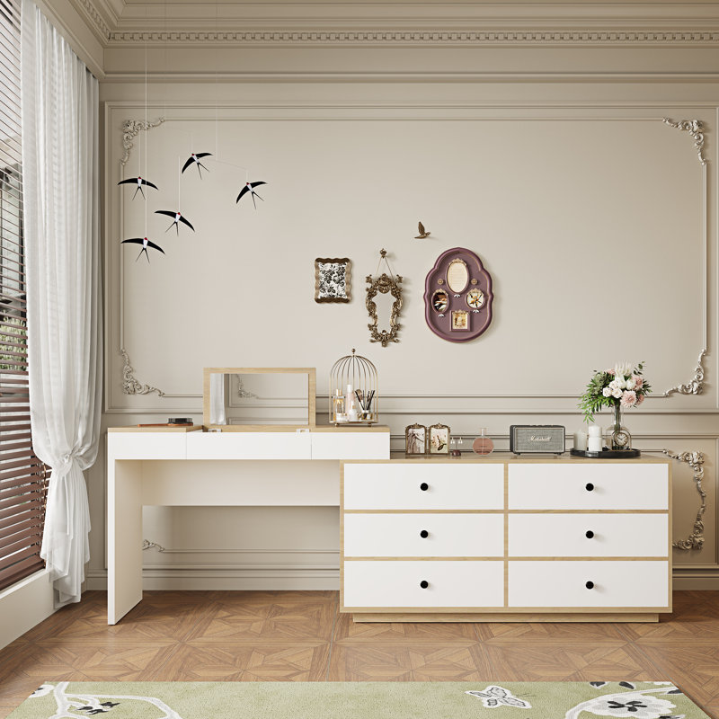 95.6'' Extendable Makeup Vanity Desk With Flip-Top Mirror And Storage Drawers Home Office Desk, White