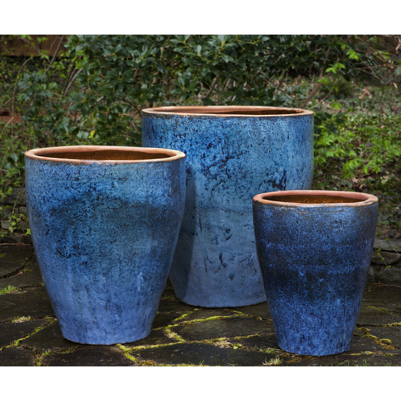 Ensemble de pots à fleurs en terre cuite émaillée 3 pièces Borger, Bleu rustique
