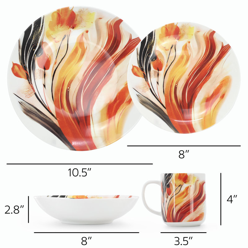 Service de table rond en porcelaine à motif floral 16 pièces Lodalen, Floral, Jaune/orange