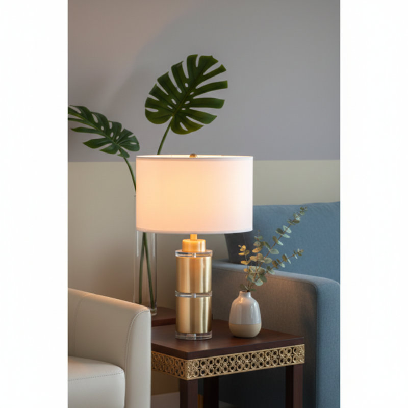 Lampe de table cylindrique dorée et blanche D15x25,5 "avec abat-jour tambour (assemblage de l'abat-jour requis)