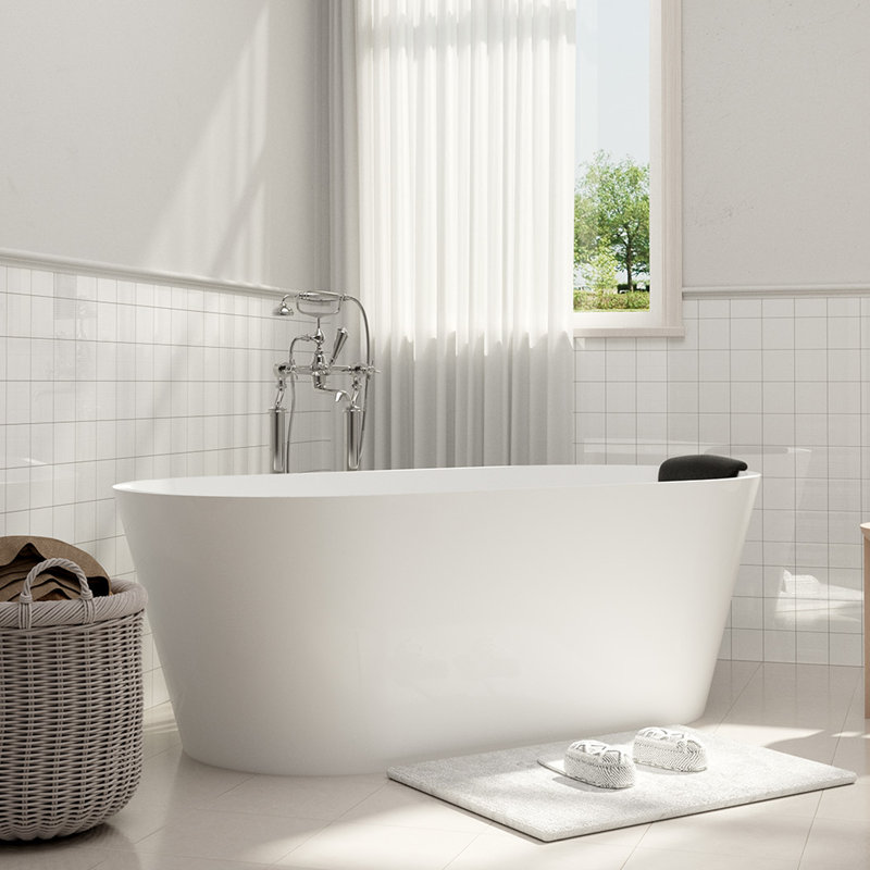 Tangent 59" x 30" Freestanding Soaking Solid Surface Bathtub with Black Bath Pollow