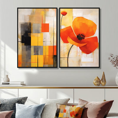 «Bold Orange Cubic Flowers», reproduction d'art corail sur toile