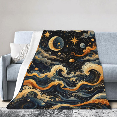 Couverture en flanelle ultra douce à motif vagues, lune, étoiles et nuages, jeté léger et moelleux, idéal pour canapé, lit, salon, chambre ou camping, 76 x 102 cm