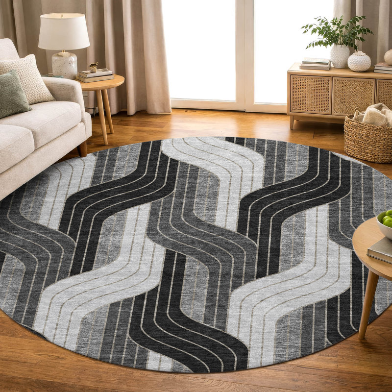 Premium Machine Washable Mayfield AMF2422 Striped Rug, 8' Round, Black