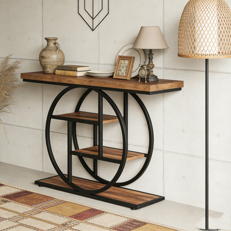 Industrial 4-Tier Sofa Entryway Table with Circle Base, Rustic Brown