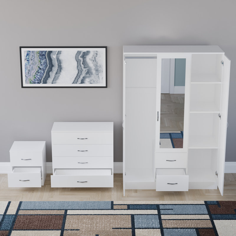 Maybery 3 Piece Bedroom Set (2 Drawer Bedside Chest, 4 Drawer Chest, 3 Door 2 Drawer Mirrored Wardrobe), (5), White