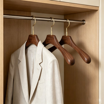 3‑Pack Walnut Wood Wide Shoulder Suit Hangers, Heavy‑Duty Solid Wood Hangers with 360° Rotatable Hooks
