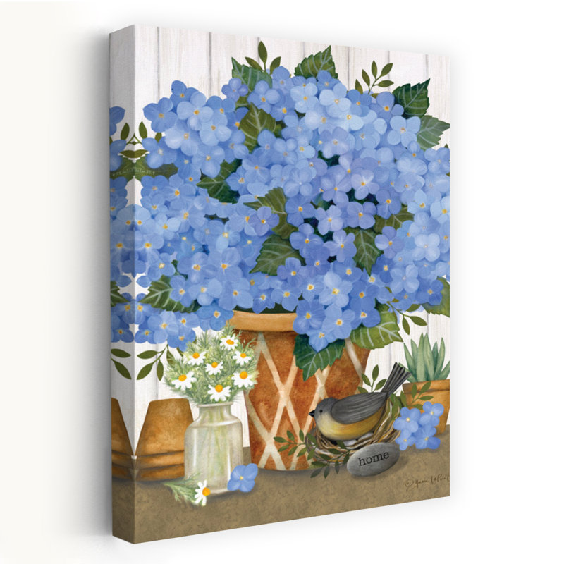 Heavenly Hydrangeas Contemporary Bird Hydrangea Spring Flower Art, 60" H x 40" W