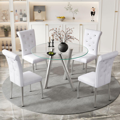 35" Round Glass Top Dining Table for 4 with Metal Base, for Kitchen and Small Spaces