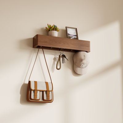 Aaryahi Solid Wood Wall Mounted Coat Rack with Shelf and Hidden Hooks, Floating Entryway Organizer with Hooks for Coats Keys Bags Bathroom Bedroom