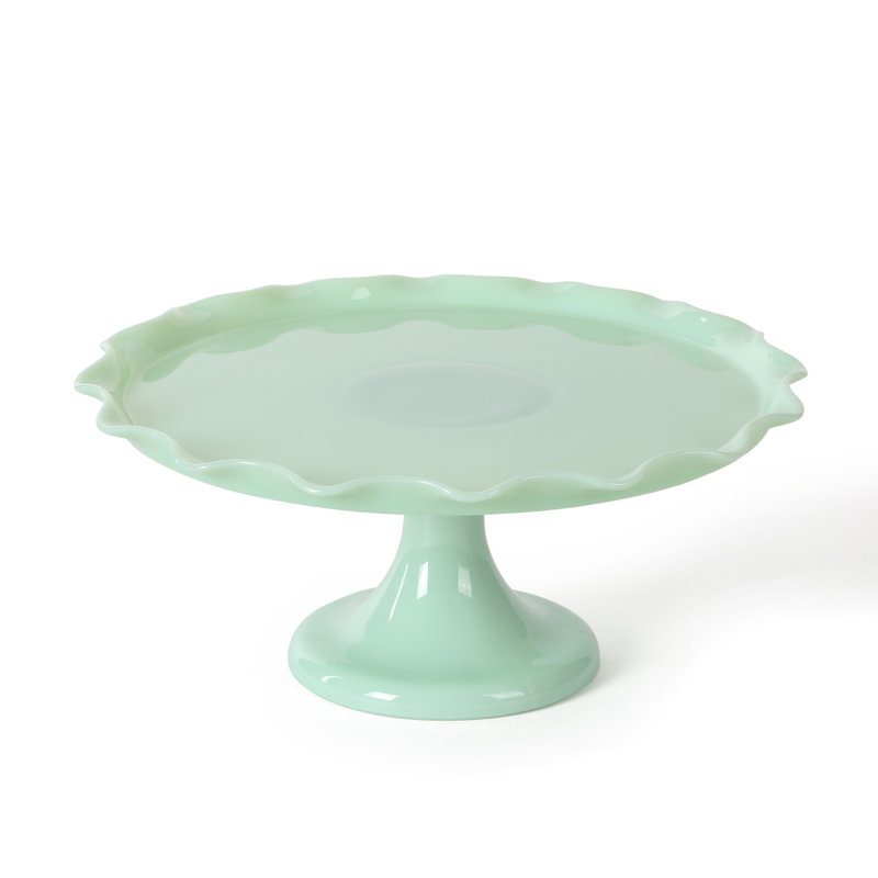 Handmade Jadeite Green Glass Pedestal Cake Stand with Scallop Trim