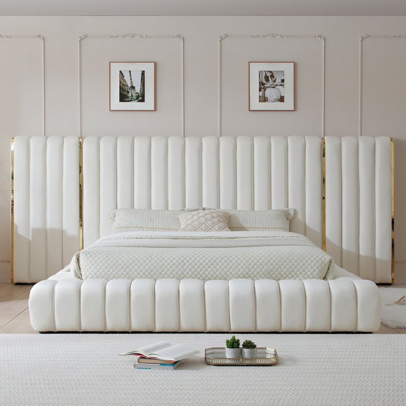 Lit plateforme tapissier Avalon, Crème, Très grand
