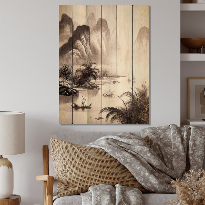 Paysage traditionnel chinois II - impression sur bois gris traditionnel, H 36 po x l 24 po x P 1 po