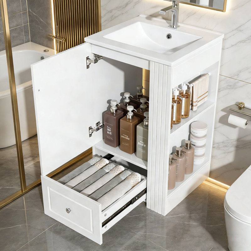 Meuble-lavabo de salle de bain avec lavabo, tiroir à fermeture en douceur et tablettes latérales ouvertes, Blanc