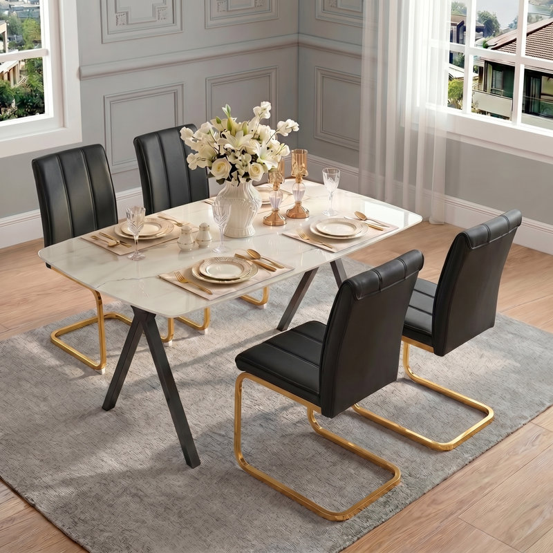 Ensemble de table de salle à manger rectangulaire, table de cuisine moderne avec chaises, Noir et or, Noir