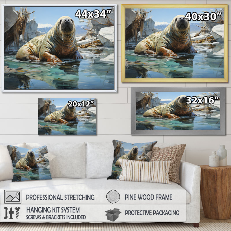 " Walrus Arctic Serenade ", White Floater Framed, 16" H x 32" W x 1" D