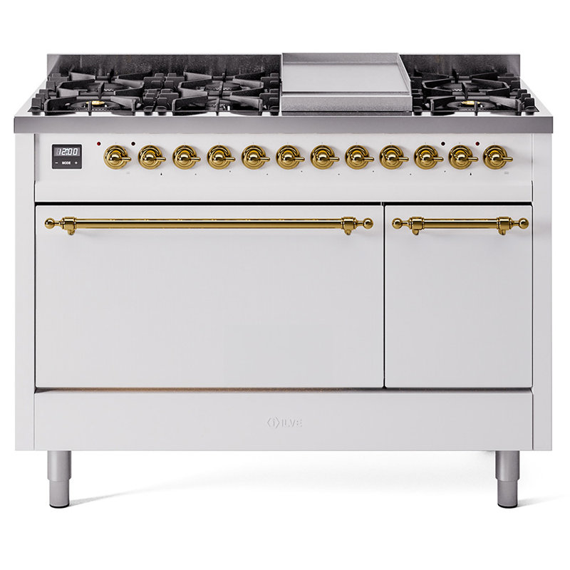 ILVE Nostalgie II, cuisinière à double combustible de 48 po, 8 brûleurs, plaque chauffante, Gaz naturel, Blanc/laiton