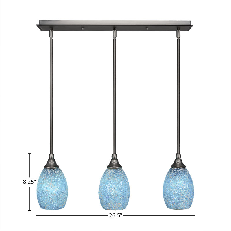 3 Light Stem Hung Linear Pendalier Shown With 5" Fusion Glass, Turquoise, Brushed Nickel
