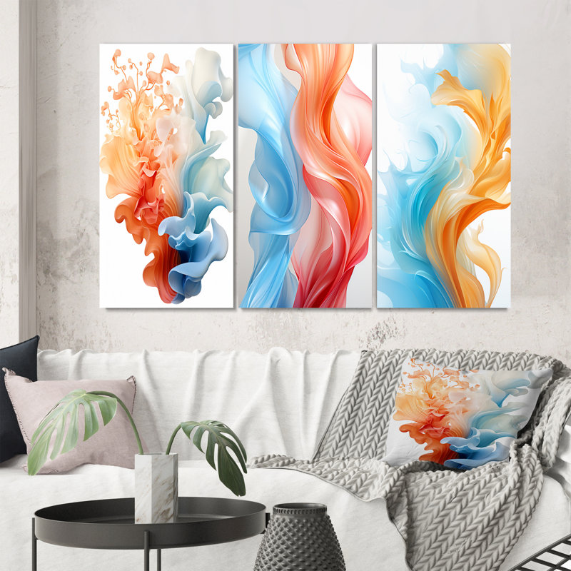 Contemporary Contemporary Waves Abstract Orange and Blue - Art abstrait à l'encre liquide, ensemble de 3 pièces, Toile tendue