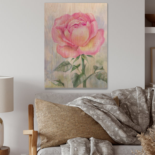 Winston Porter Single Pink Rose On Wood Painting | Wayfair